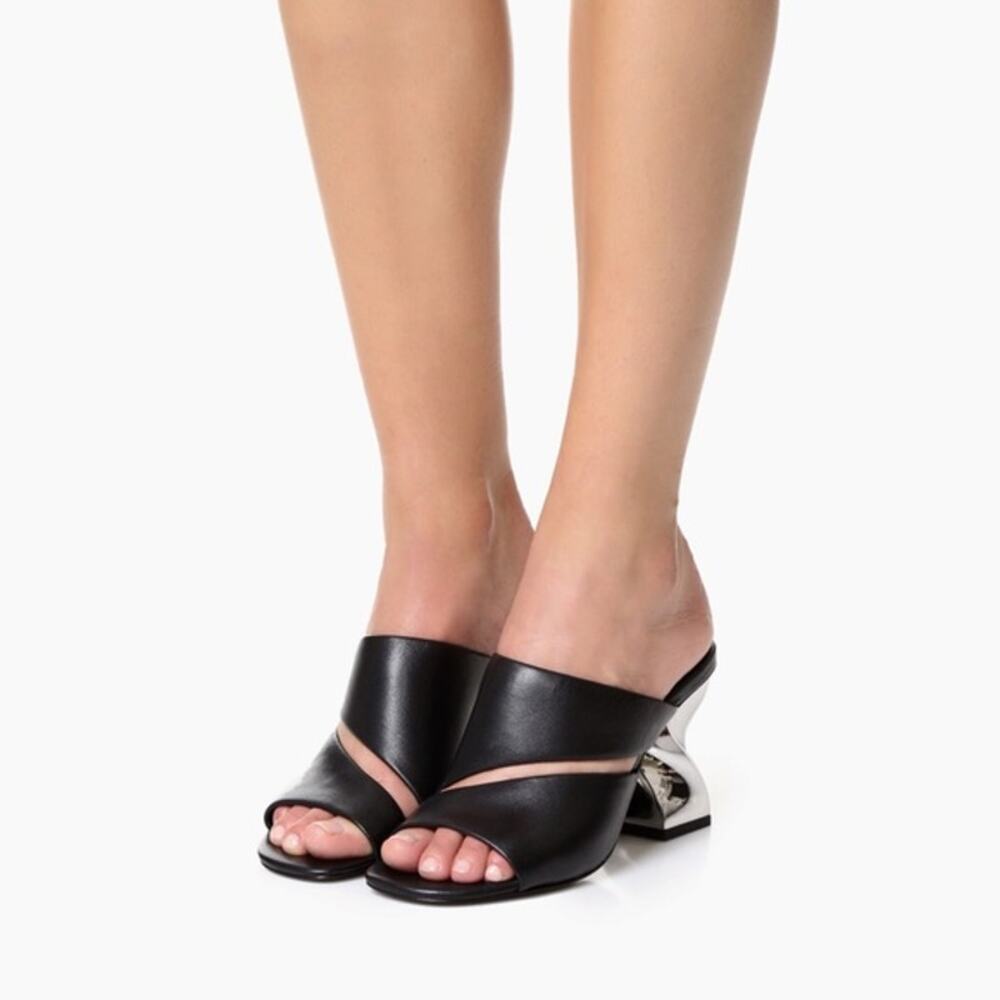 Opening Ceremony Black Leather Mules Silver Block Heel Avant Garde SZ 5 US